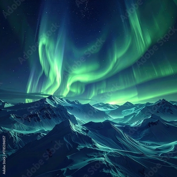 Fototapeta Vivid green aurora borealis dances above snow-covered mountain range at night.
