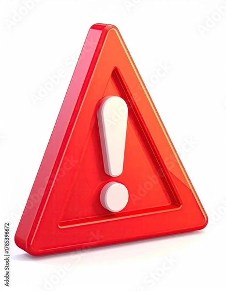 Fototapeta Red alert triangle w/ white exclamation mark on white bg