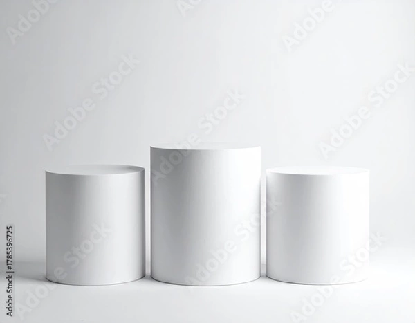 Fototapeta Three white cylinder stands on white. Studio lighting