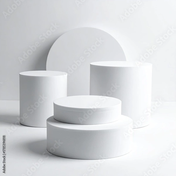 Fototapeta White cylinders, circle backdrop, clean, minimalist setup