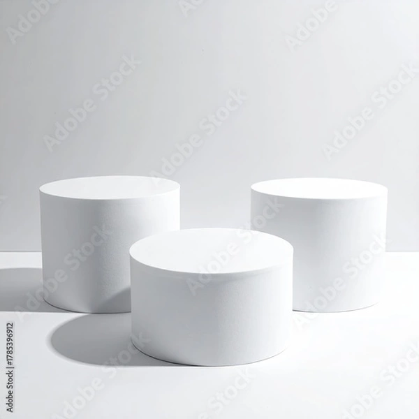 Fototapeta Three white cylinders on a white background, shadows