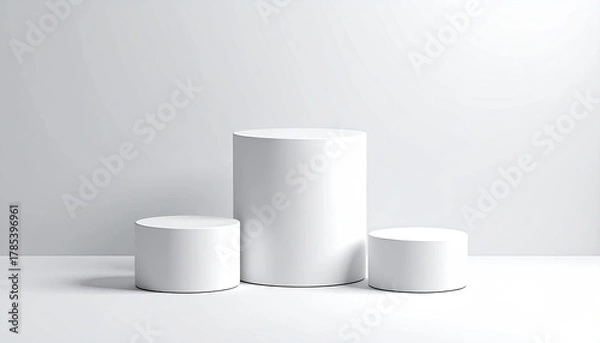 Fototapeta Three white cylinders on a white surface, simple backdrop