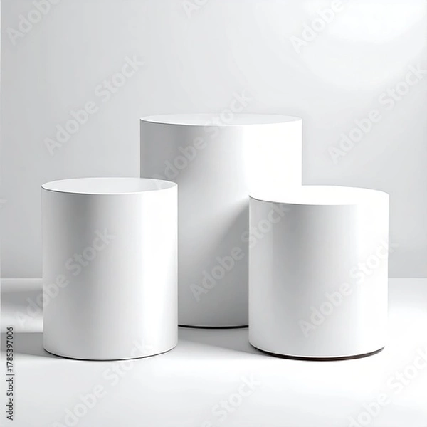 Fototapeta Three white cylinders, different heights, on a white surface