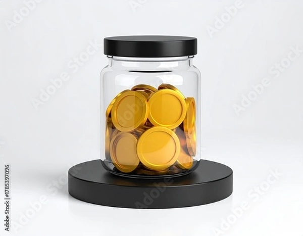 Fototapeta Jar of gold coins on platform, black lid, white backdrop