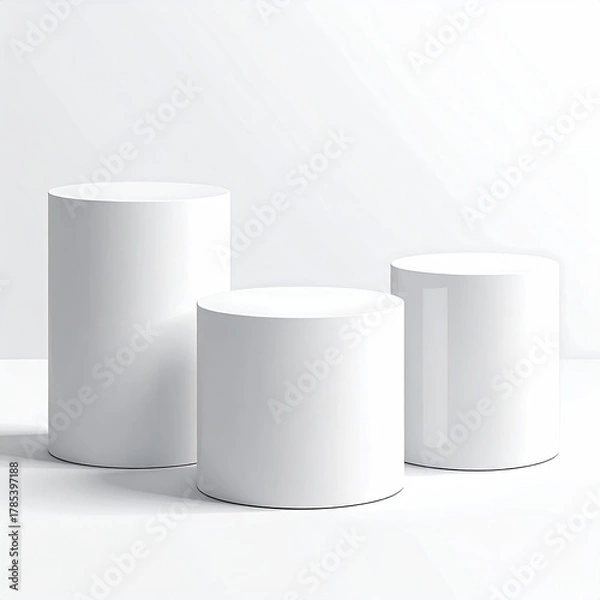 Fototapeta Three white cylinder pedestals against a white gradient back