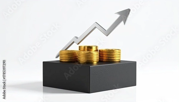 Fototapeta Coins stack on black box, upward arrow