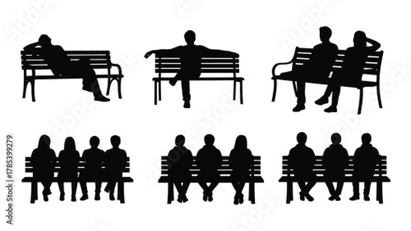 Obraz People sitting on benches silhouettes isolated on white background, Vector