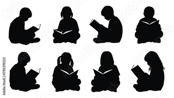 Fototapeta Children reading book silhouettes isolated on white background, Vector