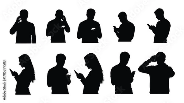 Obraz People using mobile phones silhouettes isolated on white background, Vector