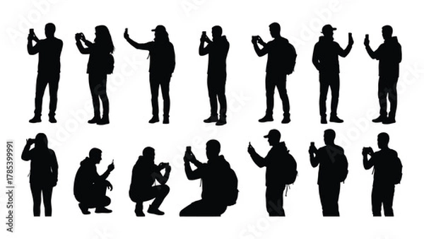 Obraz People using smartphones silhouettes isolated on white background, Vector