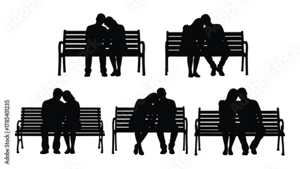 Obraz Couples silhouettes on benches isolated on white background, Vector