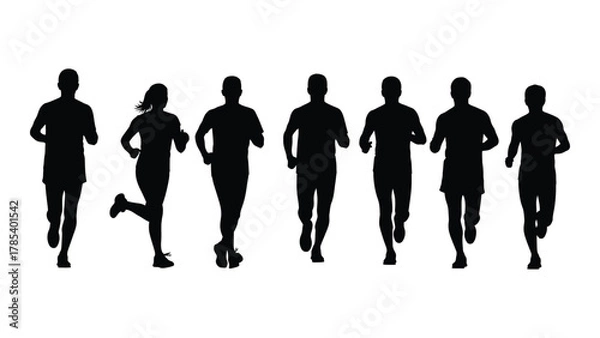 Obraz Running people silhouettes isolated on white background, Vector