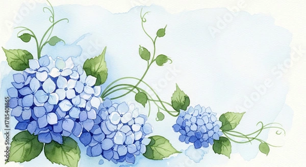 Fototapeta A watercolor painting of delicate blue hydrangeas with green leaves and tendrils against a soft blue background.