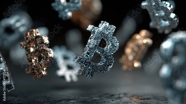 Fototapeta Cryptocurrency symbols rotating midair digital space 3d visualization abstract design