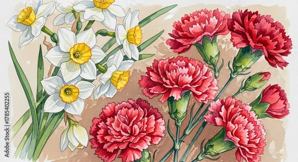 Obraz A watercolor painting of a bouquet of white daffodils and red carnations with green stems and leaves.