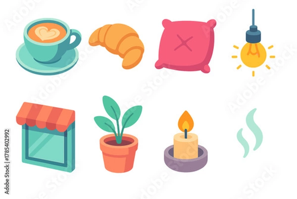 Fototapeta Café Icons Set. Café Ambience modern flat icon set: latte cup, croissant, soft cushion, hanging bulb, café window, plant pot, candlelight, gentle steam.