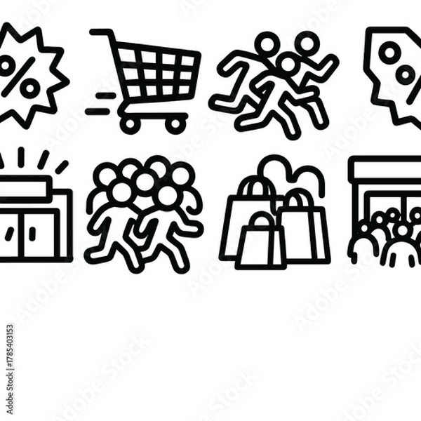 Obraz Shopping Spree Icons. Shopping Frenzy outline icon set: sale banners, shopping carts, crowd rush, discount tags, flashing lights, packed mall, shopping bags, store entrance.