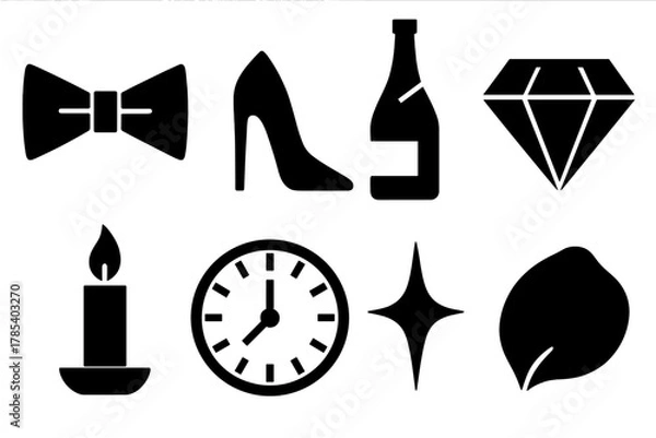 Fototapeta Elegant Night Icons. Elegant Night Out bold vector icon set: bow tie, high heel, champagne bottle, diamond, candle, clock, sparkle, rose petal.