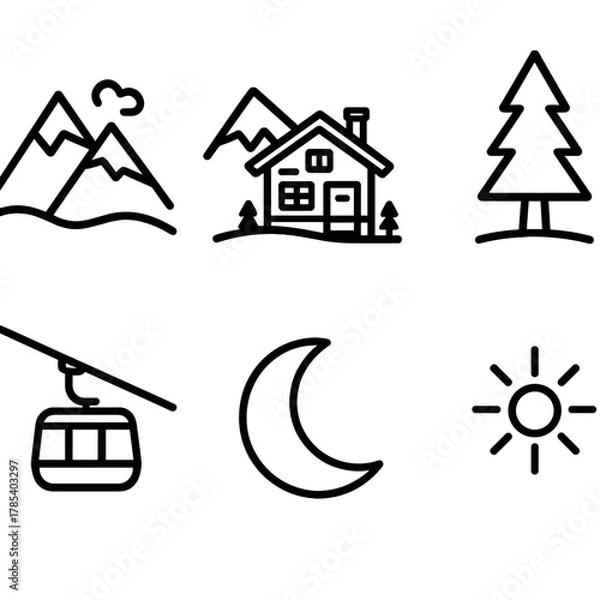 Obraz Winter Mountain Icons. Scenic Escapes outline icon set: mountain view, chalet, pine tree, frozen lake, ski lift, moon, glow, star.