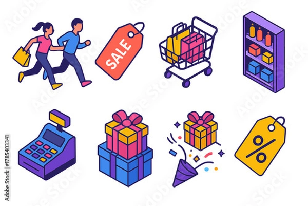 Fototapeta Deal Hunting Icons. Deal Hunters modern flat icon set: shoppers running, sale tag, full cart, product shelves, cash register, gift stack, confetti burst, price slash.