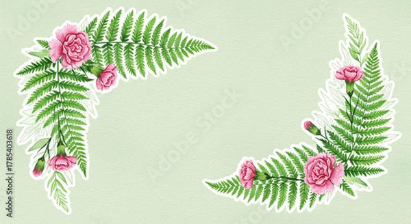 Fototapeta Watercolor illustration of fern leaves and pink roses arranged in decorative corner designs.