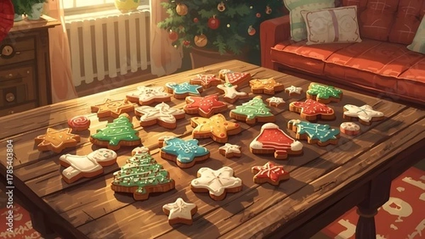 Fototapeta A Festive Display of Christmas Cookies on a Wooden Table Near a Christmas Tree