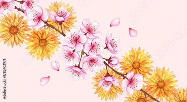 Obraz Watercolor illustration of pink cherry blossoms and yellow flowers on a light pink background with falling petals, creating a serene floral design.