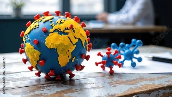 Fototapeta Global pandemic impact workplace conceptual art office setting close-up covid-19 awareness