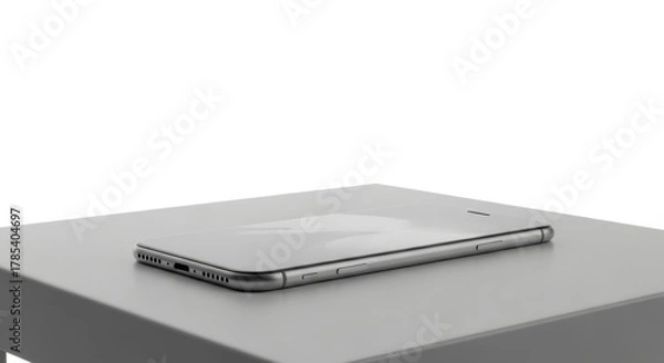 Fototapeta Smartphone lying flat on a gray surface, showcasing its sleek design and features.