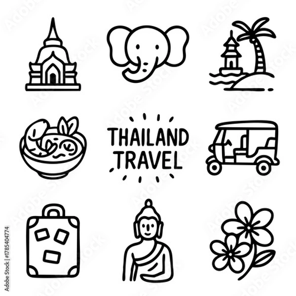 Obraz A set of doodle line icons representing Thailand travel including temples, elephants, tuk tuk, Thai food, Buddha statue, beaches, and flowers