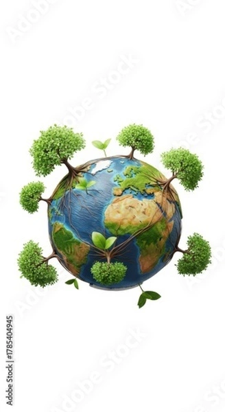 Fototapeta Planet earth with trees and saplings growing. Concept for environment and ecology.