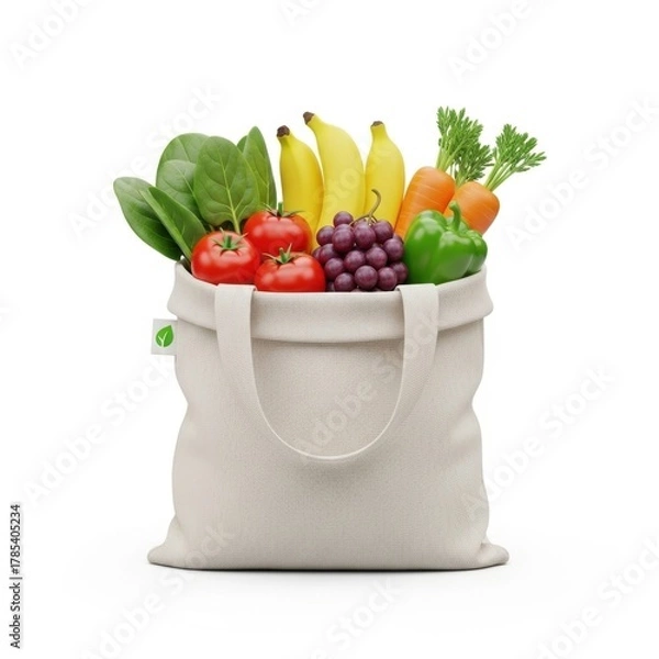 Fototapeta Reusable shopping bag filled with fresh produce, tomatoes, spinach, bananas, grapes.