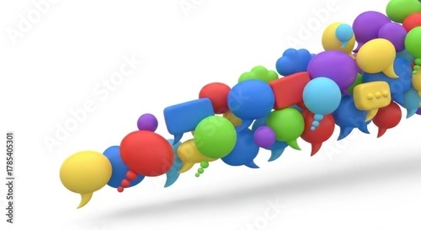 Fototapeta Colorful 3d speech bubbles in a group, representing social media communication.