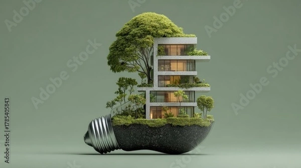 Fototapeta Innovative urban smart building modular design with nature integration in digital art