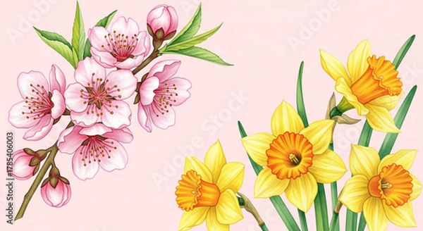 Fototapeta A beautiful botanical illustration of pink peach blossoms and yellow daffodils on a light pink background.