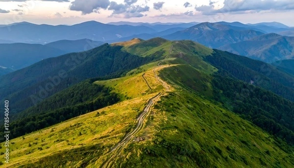 Fototapeta Aerial view of a mountain ridge with lush green meadows and distant peaks