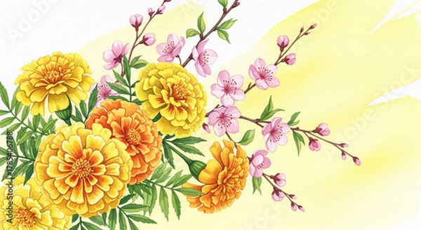 Obraz A vibrant bouquet of yellow and orange marigolds with delicate pink blossoms and green foliage on a soft yellow background.