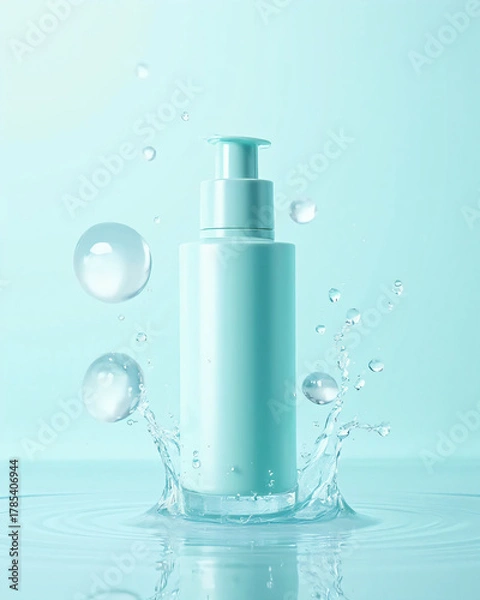 Obraz White cosmetic tube with water splashes on blue background, skincare product concep