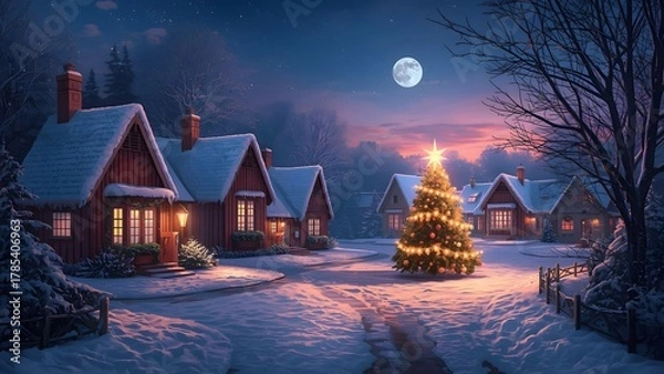 Fototapeta Enchanting winter scene of houses, a christmas tree, and a full moon night