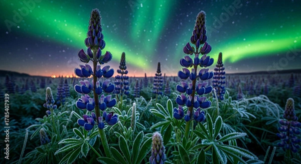 Obraz Lupine flowers covered in frost under the vibrant green aurora borealis in Iceland.