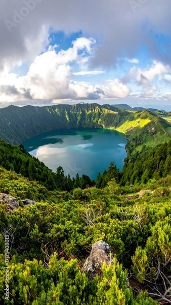Fototapeta Aerial view of a serene lake surrounded by lush, vibrant greenery