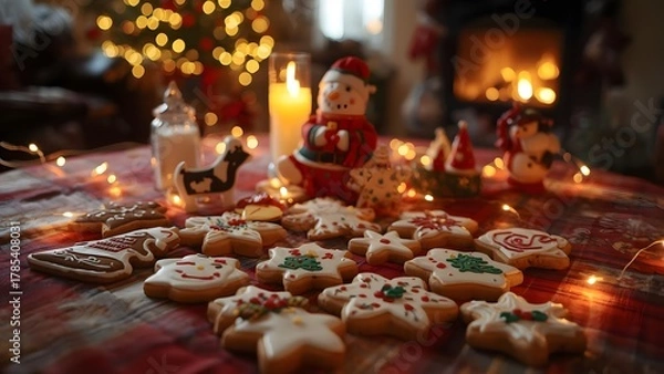 Fototapeta Festive christmas cookies and decorations create cozy holiday atmosphere