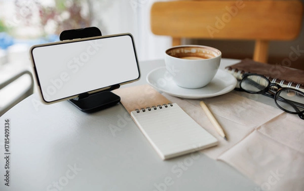 Obraz smart phone on stand with coffee cup, note book and diary on table