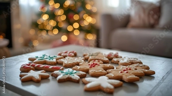 Fototapeta Festive christmas cookies arranged on a table with blurred tree background