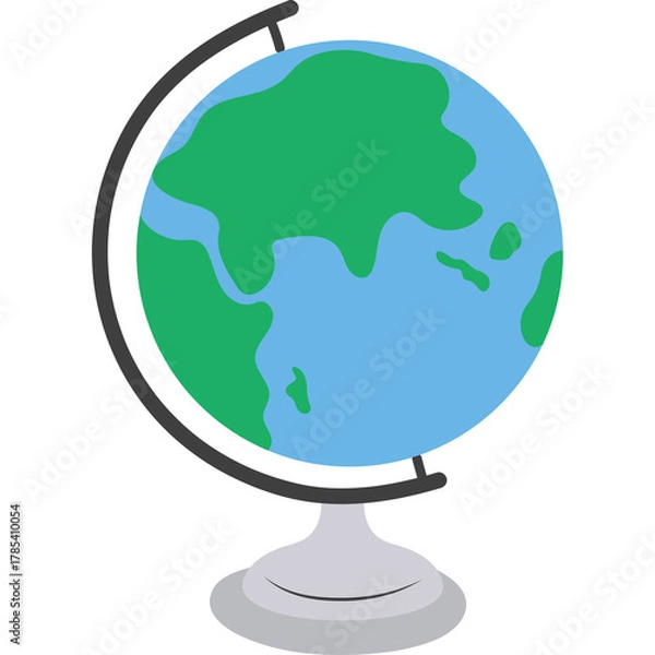 Obraz A stylized globe with green landmasses and blue oceans stands on a grey base with a black curved stand on a white background