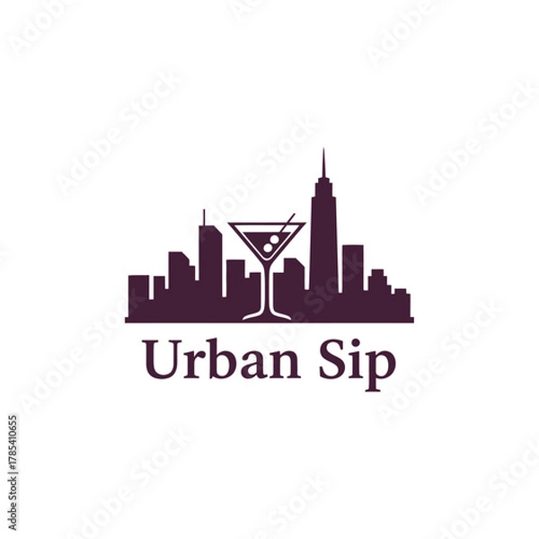 Fototapeta A cityscape silhouette with a martini glass icon, representing urban cocktails. Text appears beneath