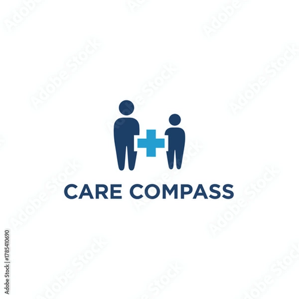 Fototapeta A logo featuring stylized figures and a blue plus sign. The text "CARE COMPASS" is below