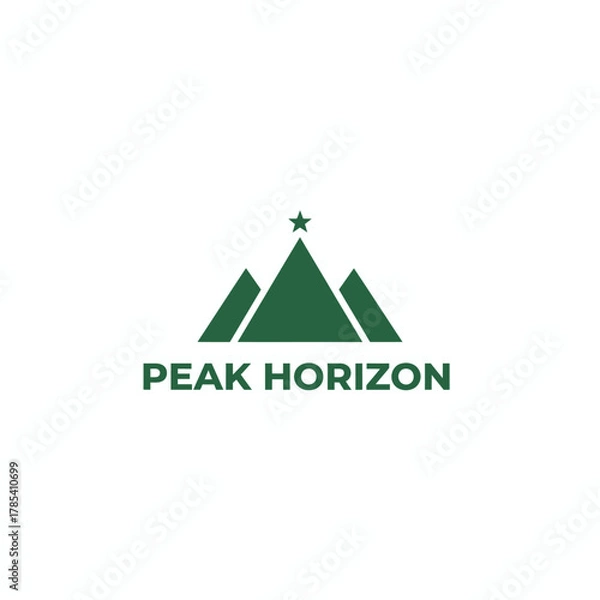 Fototapeta A minimal graphic of green mountains with a star on top, text underneath, all on a white background