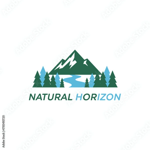 Fototapeta Stylized nature scene with a mountain range, river, trees, and text "NATURAL HORIZON.