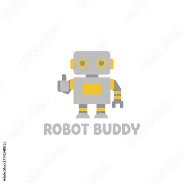 Fototapeta A friendly robot with a thumbs-up gesture and an optimistic expression. The robot is gray and yellow